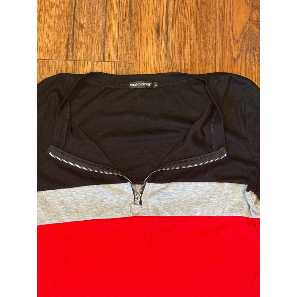 Orandesigne Womens Colorblock Half Zip Long Sleeve Top Black Grey Red Large - Picture 4 of 5